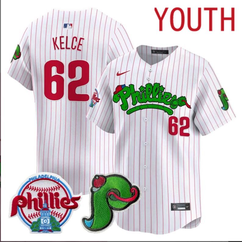Youth Philadelphia Phillies #62 Kelce white with red strips Limited 2024 MLB Nike jersey